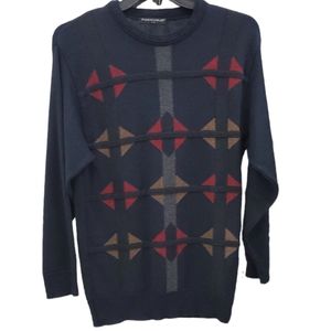 Vintage Portcruz crew neck sweater men's sz large navy red geometric wool blend